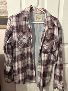 American Eagle Outfitters Red, Gray & White Plaid Button-Down Shirt